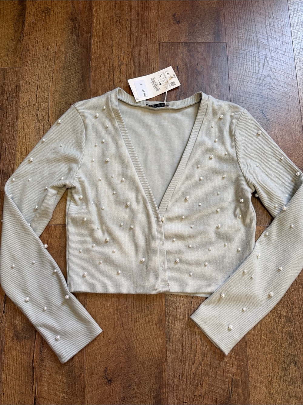 Zara Pearl-Embellished Sage Green V-Neck Cropped Sweater